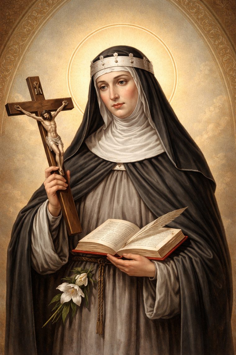 Santa Brígida de Suécia, com o crucifixo e o livro das revelações